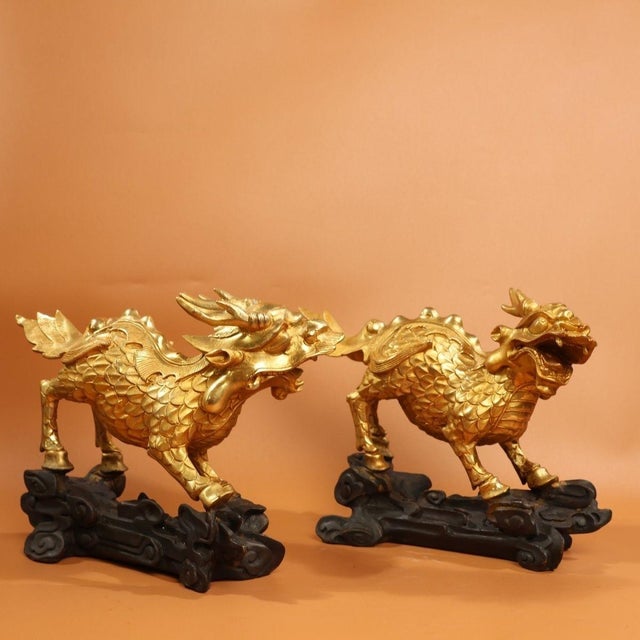 Metal Late 19th Century Pair of Gilt Bronze Winged Qilin Statues, Mythical Beast Figures, 3.75kg For Sale - Image 7 of 9