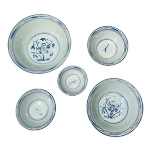 Set of Five Vintage Blue and White Nesting Asian Serving Bowls