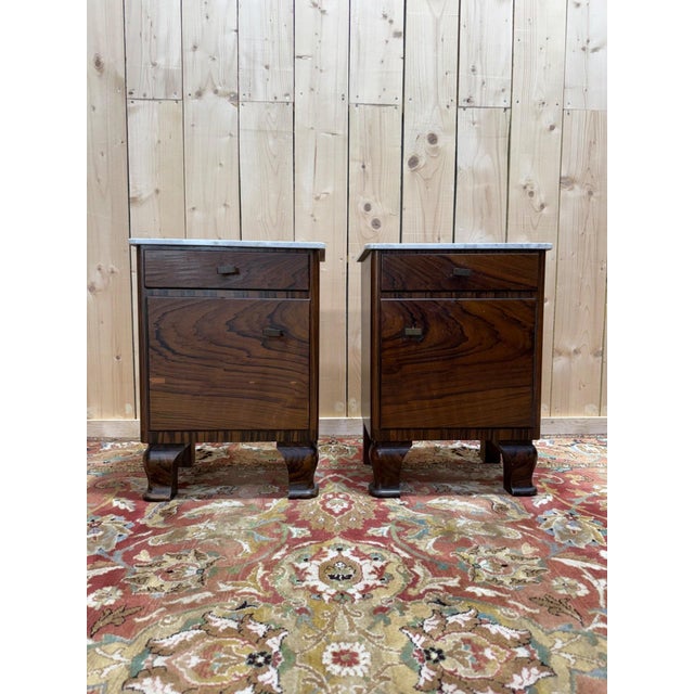 Art Deco Nightstands in Exotic Wood Veneer with Marble Tops, Set of 2 For Sale - Image 9 of 9