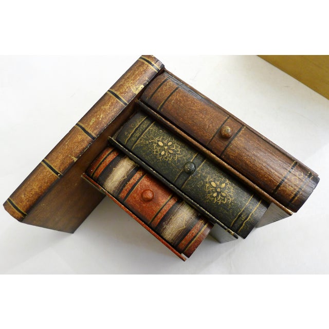Wood Bookends with Secret Boxes in Trompe L'Oeil of Stacked Books, 1980s, Set of 2 For Sale - Image 11 of 12