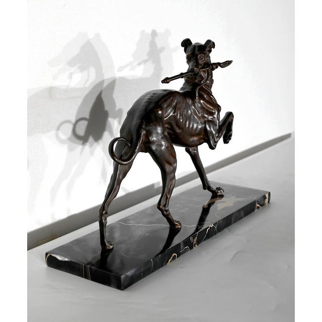 Subject in cast iron with brown patina, resting on a marble base of Portor. It represents a greyhound in a playful...