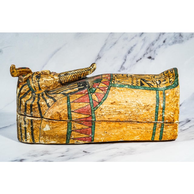 Colorful Vintage Egyptian Painted Wood Sarcophagus Box For Sale - Image 12 of 16