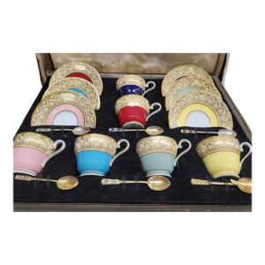 Antique Aynsley Multicolor Demitasse Set W/ Sterling Spoons & Box (18 Pc.)