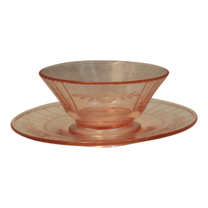 Early 20th Century Pink Depression Glass Floral Etched Bowl & Underplate Serving Set