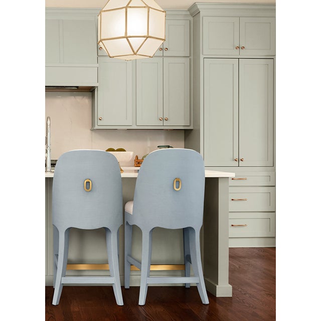 Blue Matthew Izzo Home Sadie Light Blue Textured Linen Counter Stool With White Performance Linen Seat For Sale - Image 8 of 10