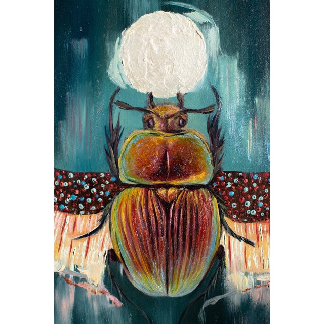 Early 21st Century Scarab Totem by Andrada Trapnell | Oil on Board Oil painting of a scarab beetle with colorful wings. For Sale - Image 5 of 5
