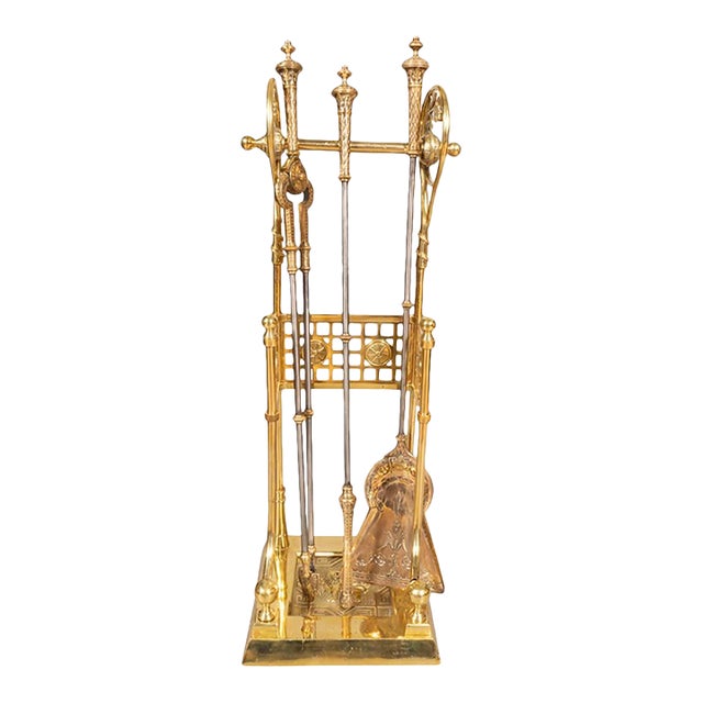 Victorian Aesthetic Movement Brass Firetool Stand With Tools For Sale