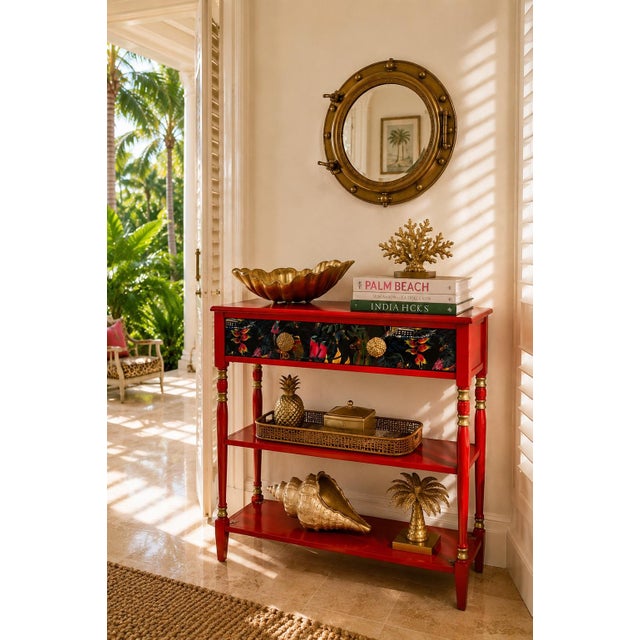 A distinctive Palm Beach–inspired console table, handcrafted from solid poplar and finished in a vibrant combination of...