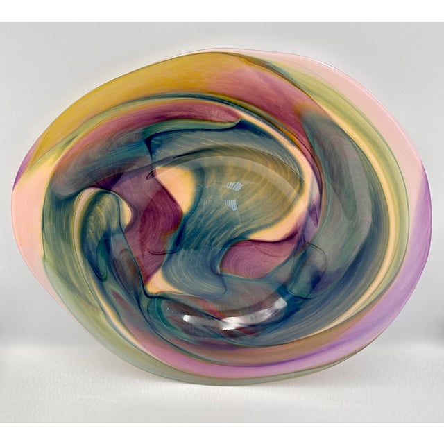 Geometric Design Hand-Crafted Studio Art Glass Bowl Platter Centerpiece Signed For Sale - Image 9 of 10