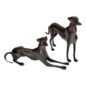 Set 2 Art Deco Bronze Carved Greyhound Dog Figurine Fine Art Sculptures Statues Model