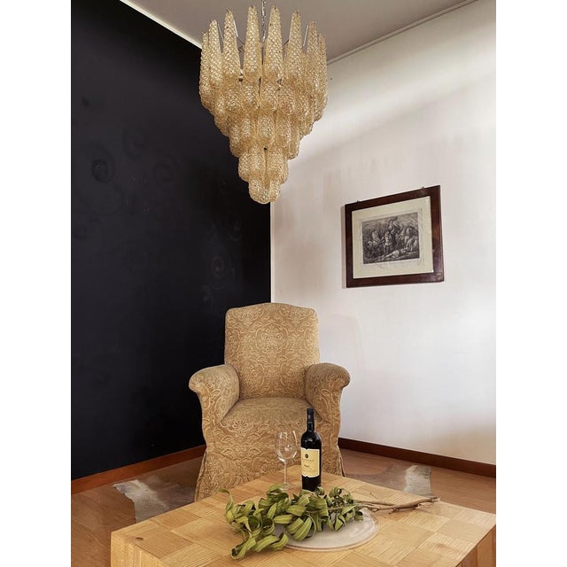 Mid-Century Modern Italian Amber Murano Glass Chandelier with 52 Drop Petals, 1990s For Sale - Image 3 of 18