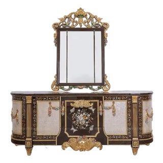 Maison Velour Obsidian Bloom Hand-Painted French Revival Sideboard With Decorative Mirror For Sale