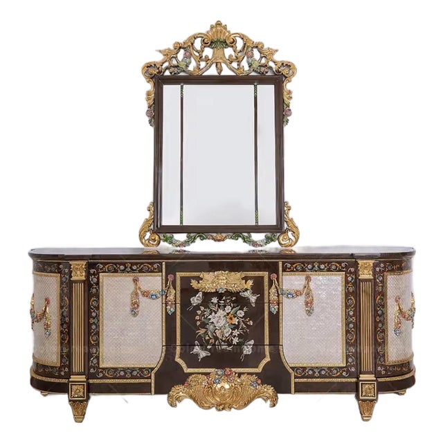 Maison Velour Obsidian Bloom Hand-Painted French Revival Sideboard With Decorative Mirror For Sale