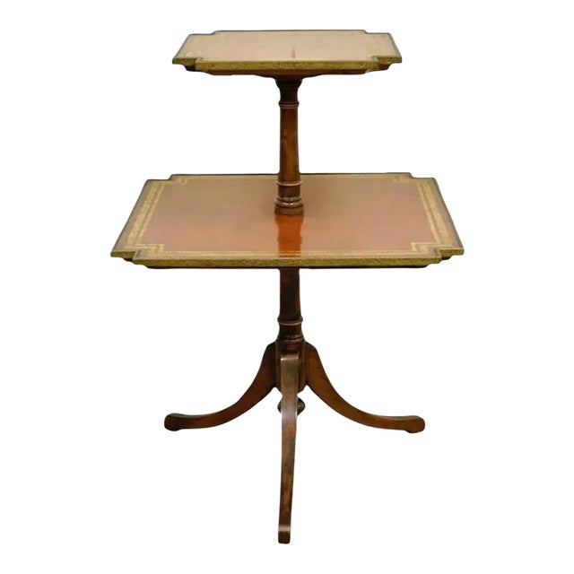 Vintage English Regency Style Mahogany Tooled Leather Two Tier Side Table For Sale