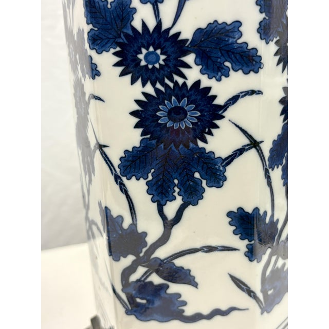 Vintage Mid Century Blue and White Ceramic Hexagon Shaped Table Lamps- A Pair For Sale - Image 11 of 17