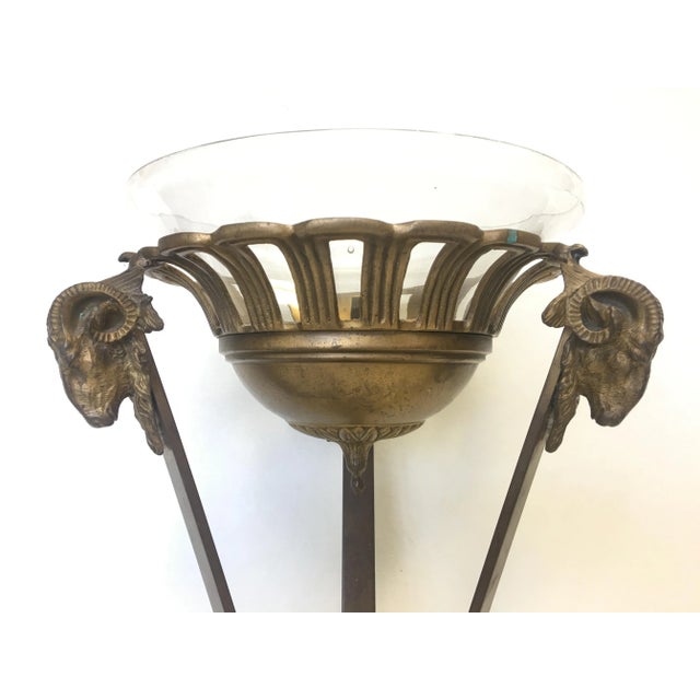 Hollywood Regency Vintage Brass Rams Head Pedestal Stand With Glass Bowl Catchall For Sale - Image 3 of 9