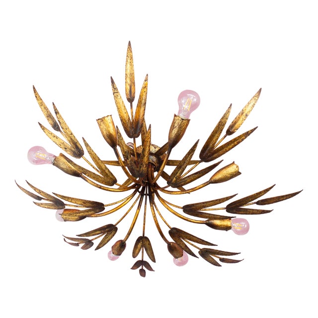 Large Spanish Sunburst Ceiling Fixture in Gilt Iron, 1950s For Sale