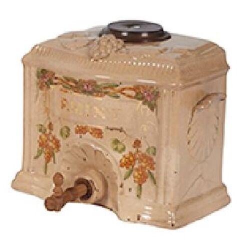 English antique ceramic liquor cask/decanter with handles, lid, and wooden spout. Features hand-painted berries with gilt...