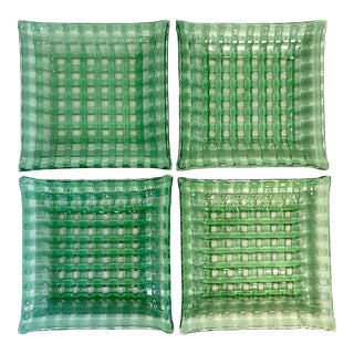 1980s Vintage Post Modern Art Deco Green Glass Salad Plates - Set of 4. For Sale
