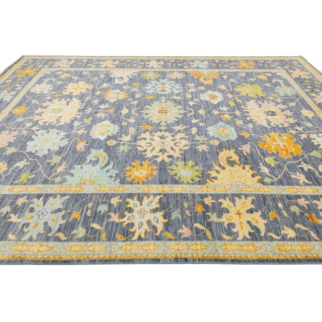 Blue Modern Hand-Knotted Oushak Style Wool Rug in Slate Blue, Ochre & Pastel Accents For Sale - Image 8 of 11