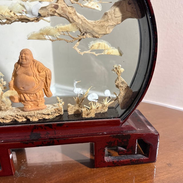 Vintage Asian Hand Carved Stork Scene in Round Glass Display Shadow Box For Sale - Image 4 of 10