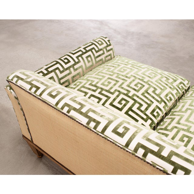 20th C. Art Deco Style Greek Key Velvet and Raffia Settee For Sale - Image 16 of 18