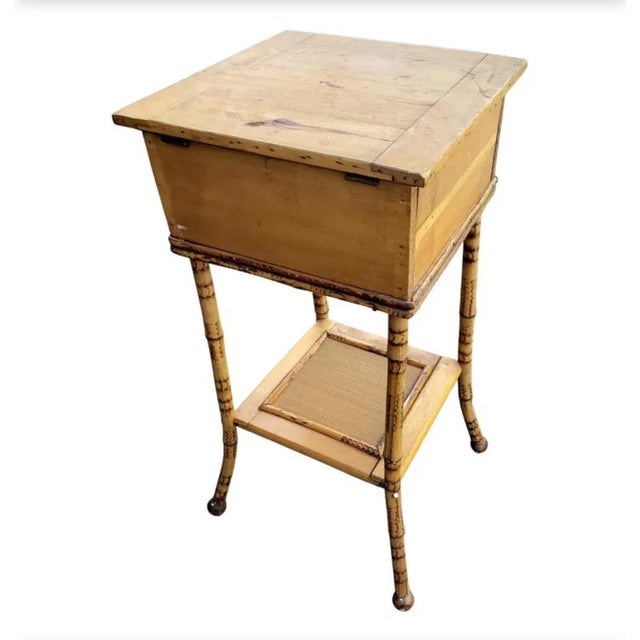 Industrial Vintage Ornate Bamboo and Woven Raffia Industrial and Work Table, Side Table, Circa 1950s For Sale - Image 3 of 10