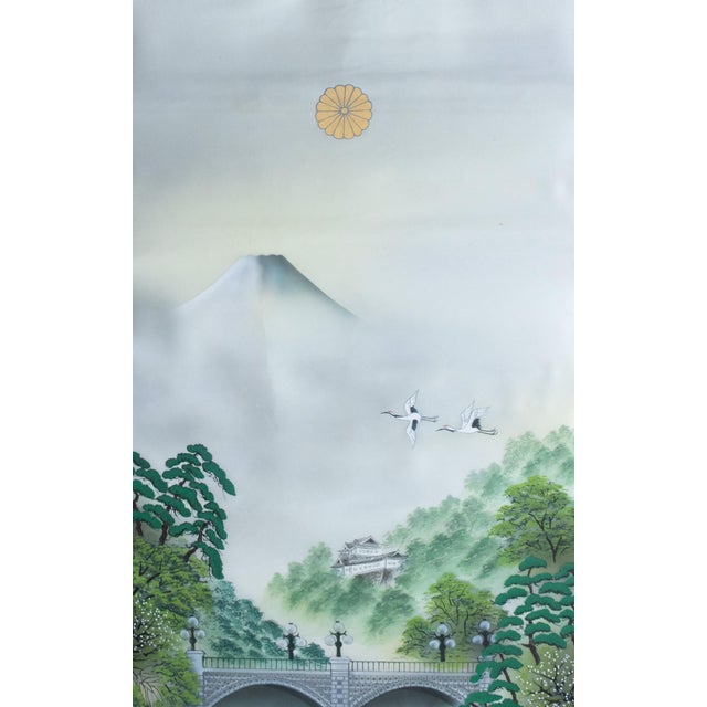 Japanese 1960s "Landscape With the Bridge", Vintage Japanese Silk Scroll Print For Sale - Image 3 of 15