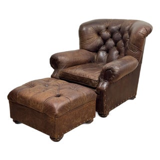 Vintage Restoration Hardware Leather Churchill Cigar Chair and Ottoman With Nailheads For Sale