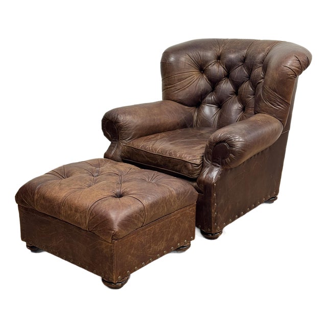 Vintage Restoration Hardware Leather Churchill Cigar Chair and Ottoman With Nailheads For Sale