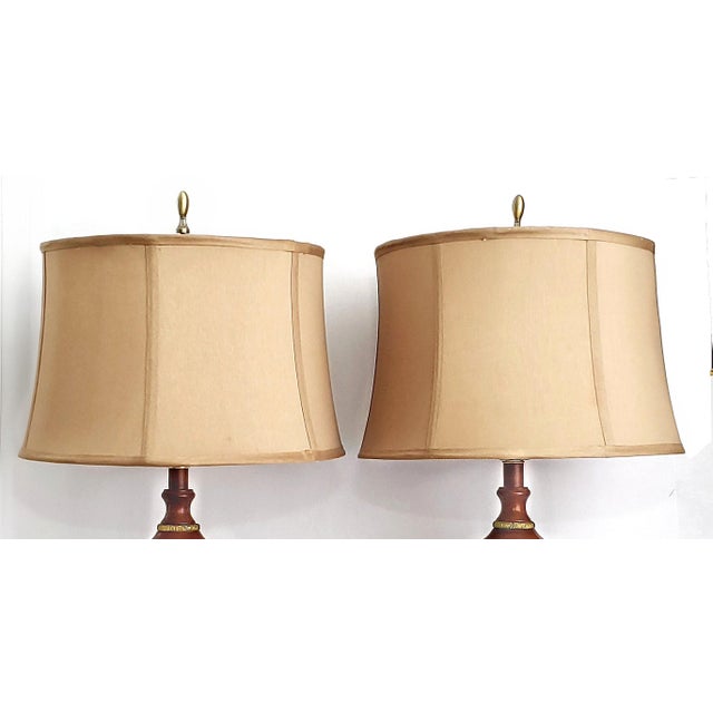 Late 20th Century Lamps Mahogany Brass Pair & Shades For Sale - Image 5 of 12