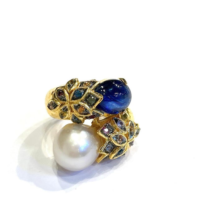 Bochic “Orient” Natural Multi Sapphire & Ruby Cocktail Ring Set In 18K Gold & Silver Natural Cabochon Sapphire - 5.50...