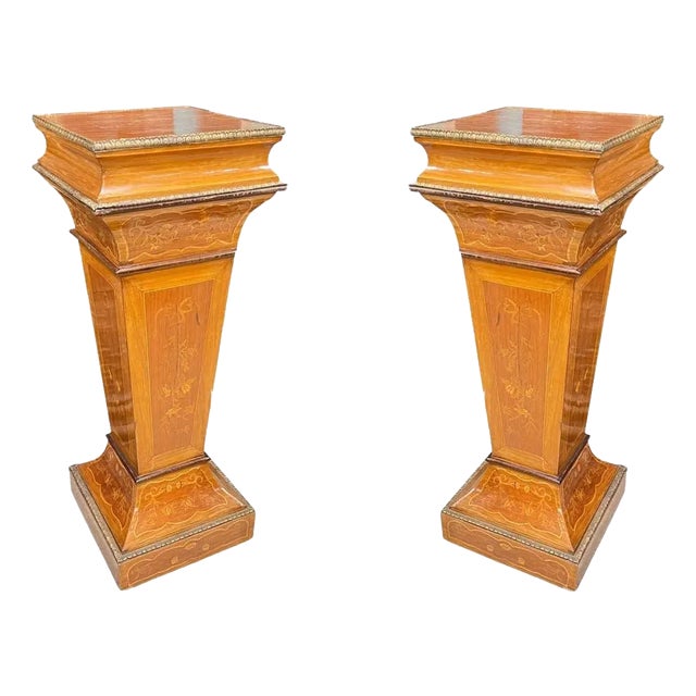 19th Century Fruitwood and Bronze Pedestals with Marquetry Inlay - A Pair For Sale