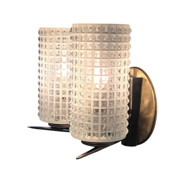 Antique White Vintage Enameled Glass, Brass and Nickel Two Light Wall Sconce For Sale - Image 8 of 11