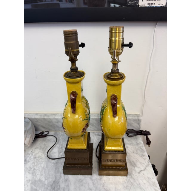 1940s 1940s Pair of Chinese Yellow Porcelain Lamps W/Lotus & Crane Motif, Brass Greek Key For Sale - Image 5 of 6