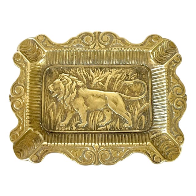 Mid Century French Brass Lion Ashtray For Sale