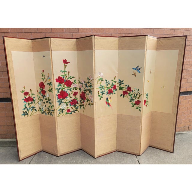 1950s Asian EightPanel Silk Embroidered Folding Floor Screen Room