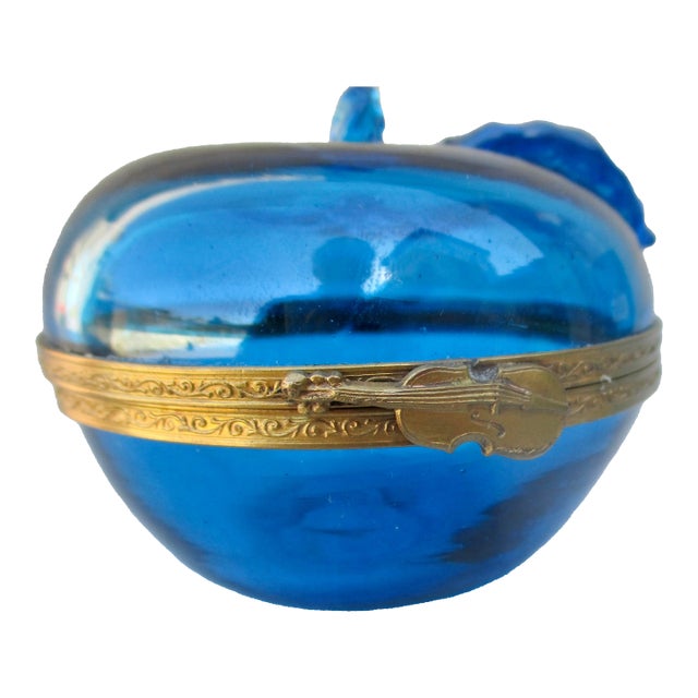 French Blue Glass Apple Trinket Box Circa 1930s For Sale