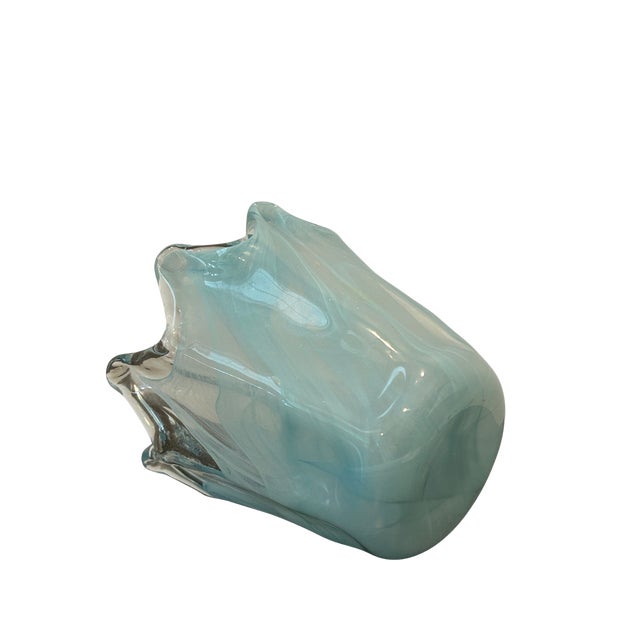 Vintage Murano Style Art Glass Vase | Hand-Blown Italian Blue & White Swirl Opaline Vase With Ruffled Rim | Mid-Century Modern Decor For Sale - Image 10 of 11