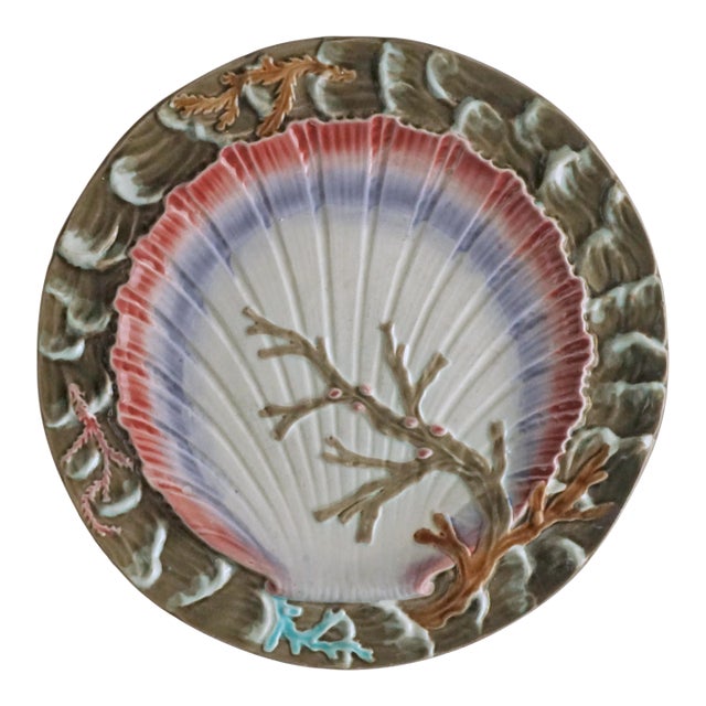 Antique Wedgwood Majolica Ocean Plate Waves Scallop Shell Seaweed England Majolica Dish M2934 Circa 1890's For Sale