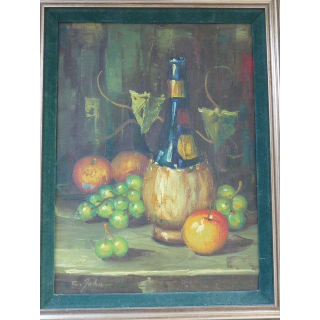 Textile Mid Century Oil Painting Still Life by C John Framed For Sale - Image 7 of 8