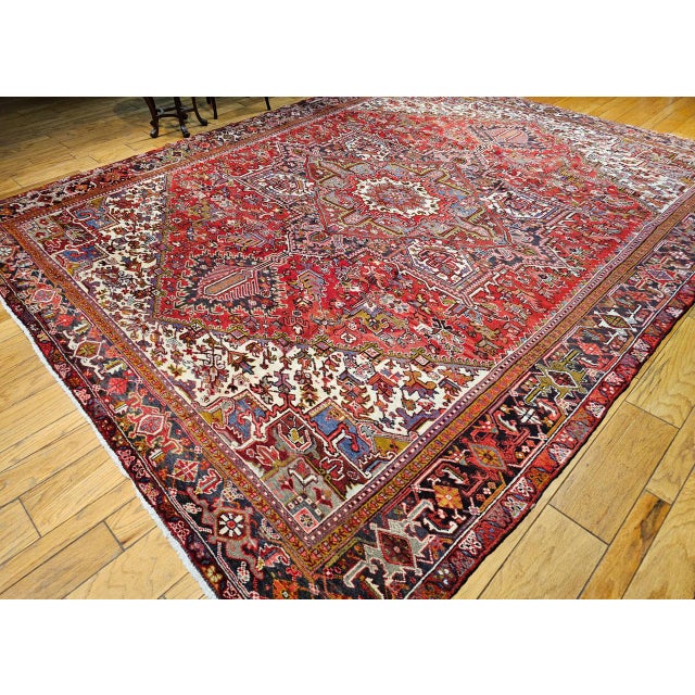 Vintage Persian Heriz Rug, Hand-Knotted Wool, Geometric Medallion Pattern, Red & Navy, 10x13 For Sale - Image 11 of 11