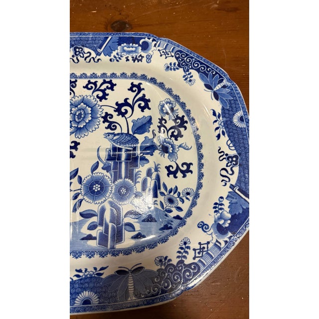 Antique Spode Pearlware Blue Transfer "Bird & Grasshopper" Chinoiserie Tree in the Well Meat Platter, Circa 1820 For Sale - Image 6 of 12
