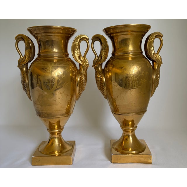 19th Century French Old Paris Gilt Porcelain Swan-Handle Urn Vases – Pair For Sale - Image 15 of 16