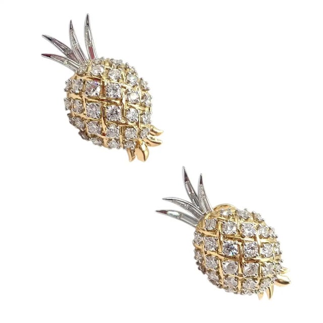 Verdura Vintage Pineapple Diamond Platinum & Yellow Gold Earrings, Pair For Sale - Image 10 of 14