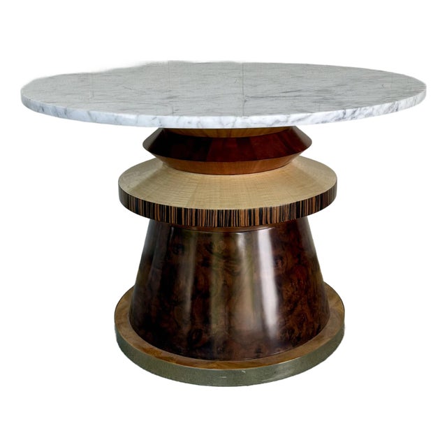Jonathan Charles Modern Carrara Marble and Wood Rook Round Cocktail Table For Sale