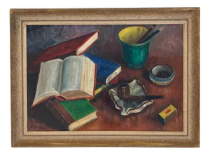 S. Pagani, Nature morte aux bouquins, à la pipe et aux allumettes, Oil on Canvas, Framed