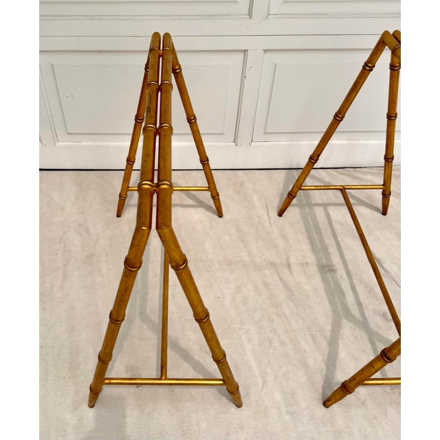 Metal Pair Vintage Gilt Faux Bamboo Sawhorse Form Table Bases in the Style of Tony Duquette For Sale - Image 7 of 10