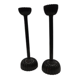 Tall Asian Black Lacquered Faux-Wood Candleholders - Set of 2 For Sale