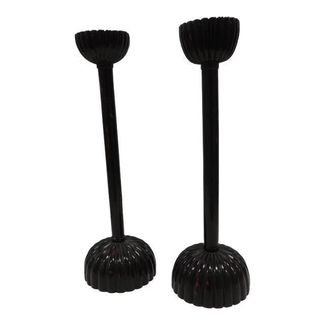 Tall Asian Black Lacquered Faux-Wood Candleholders - Set of 2 For Sale